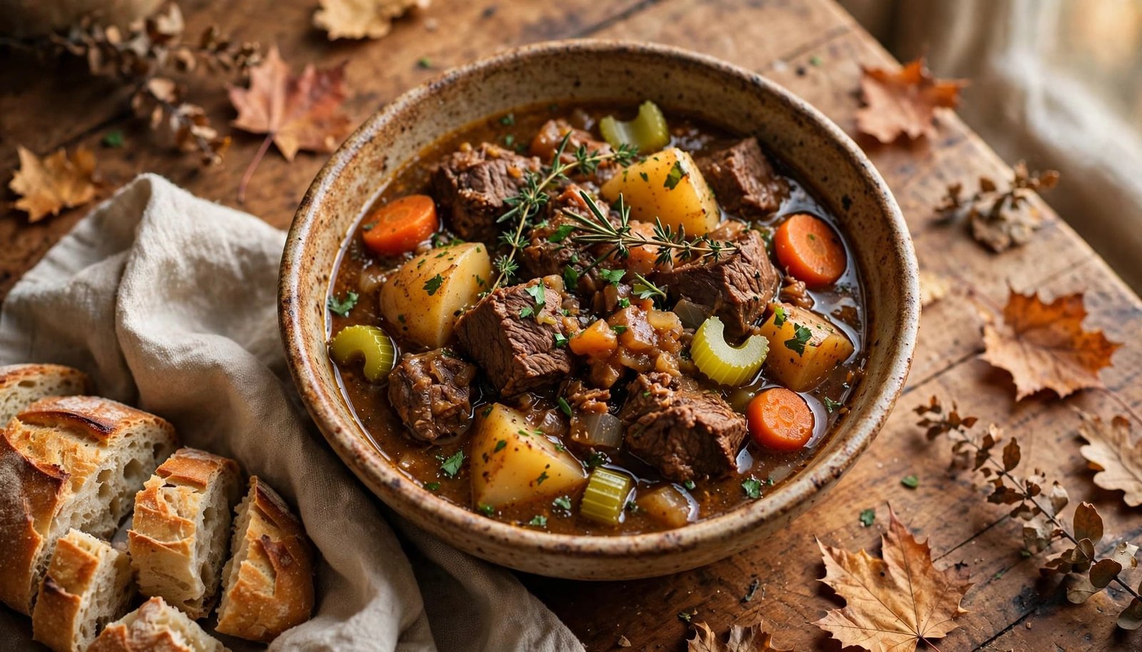Rustic bowl of beef stew with vegetables, bread, and a linen napkin on an autumn table.