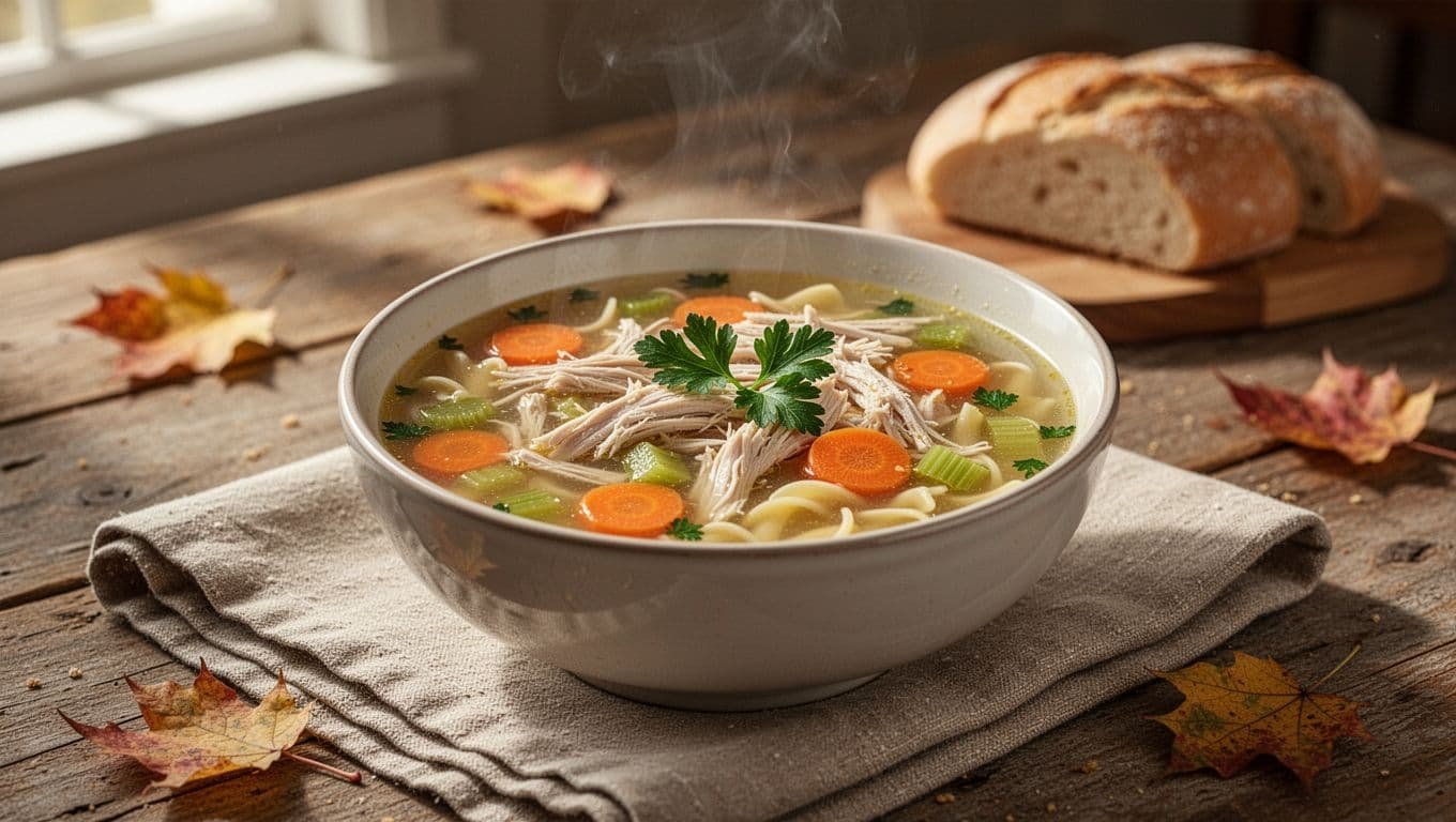 Steaming chicken noodle soup with vegetables on a rustic autumn table.
