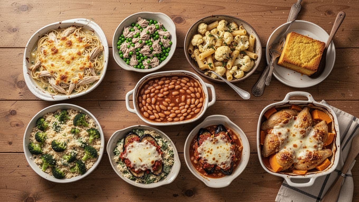 Seven rustic baked dinners arranged on a wooden table in warm autumn light.