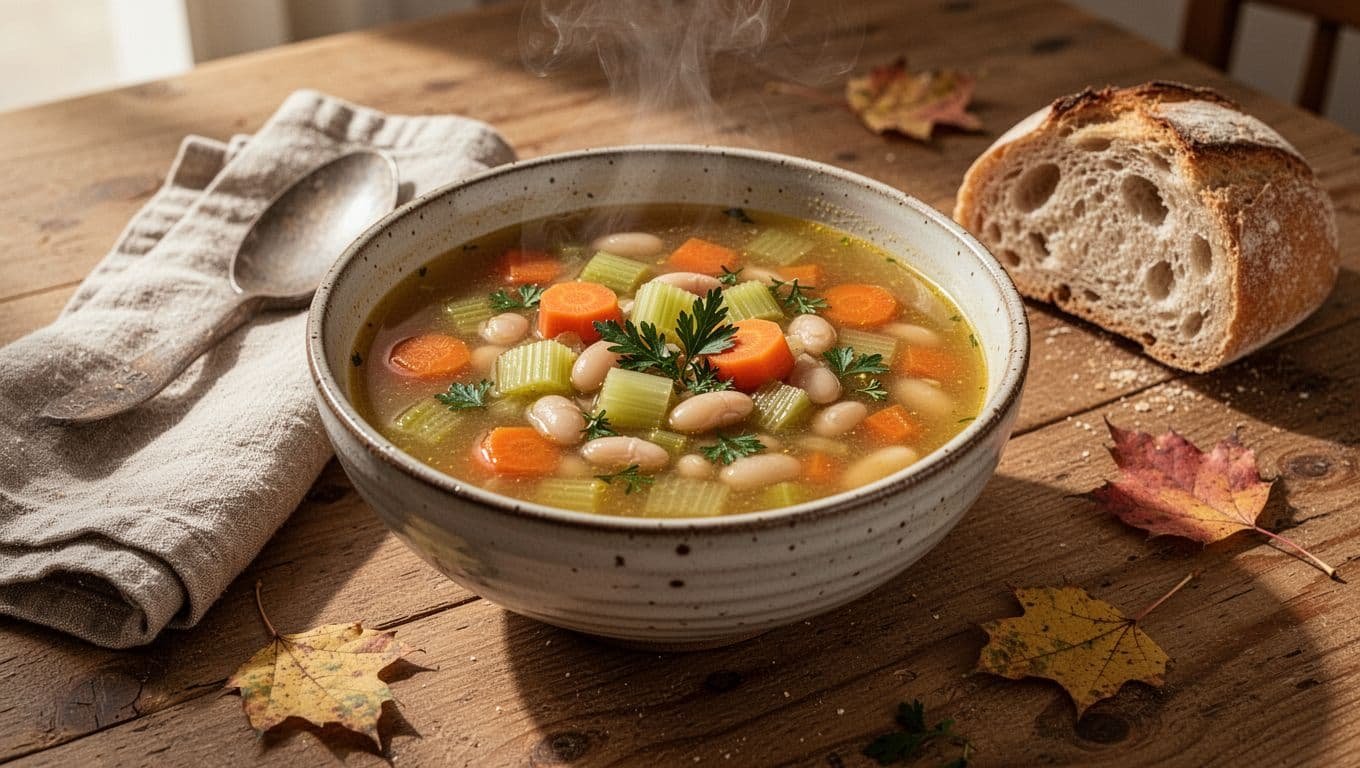 Steaming chicken and vegetable soup with bread and autumn leaves on a kitchen table.