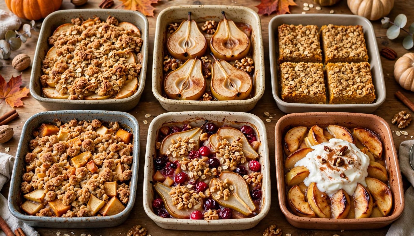Six baked fruit and pumpkin desserts arranged on a wooden table.