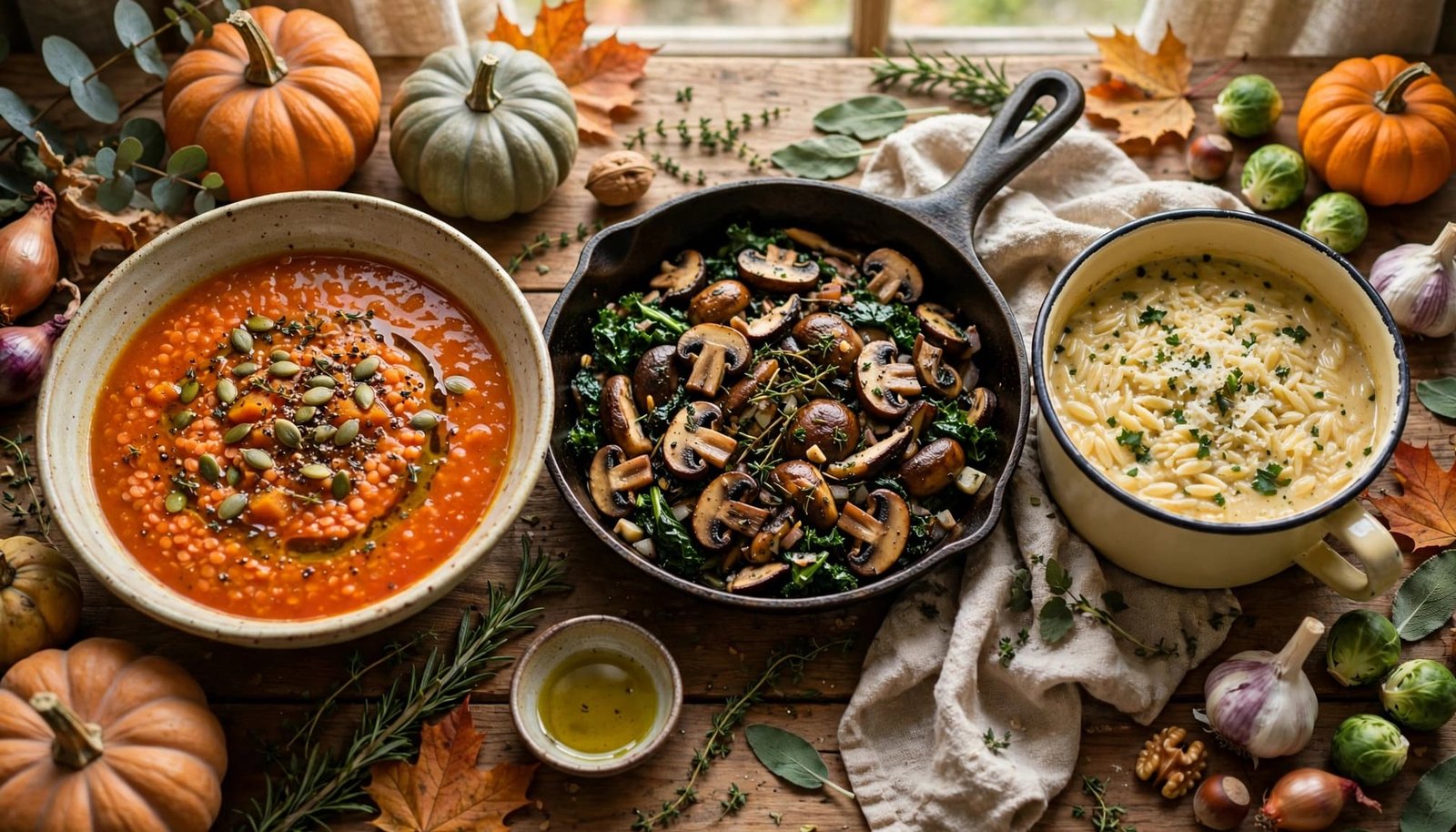 Soup, skillet vegetables, and creamy orzo sit on a wooden table beside autumn produce.