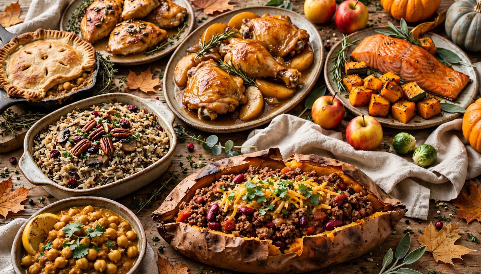 A fall dinner table with stuffed sweet potato, chicken, salmon, casserole, curry, and pie.