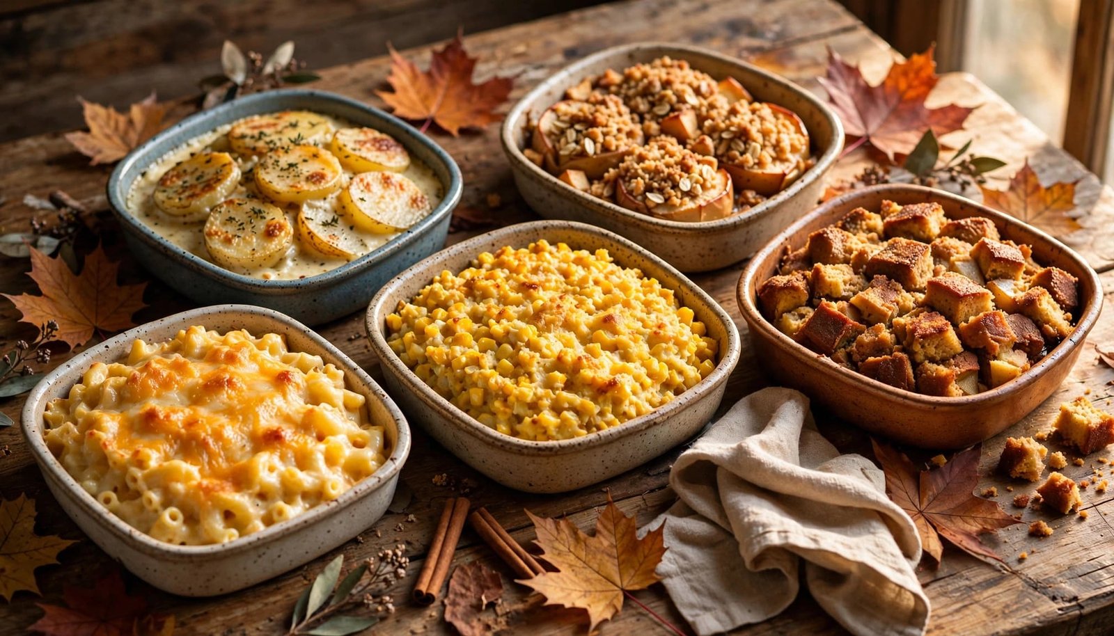 Five cozy fall dishes arranged on a wooden table with autumn leaves and a linen napkin.