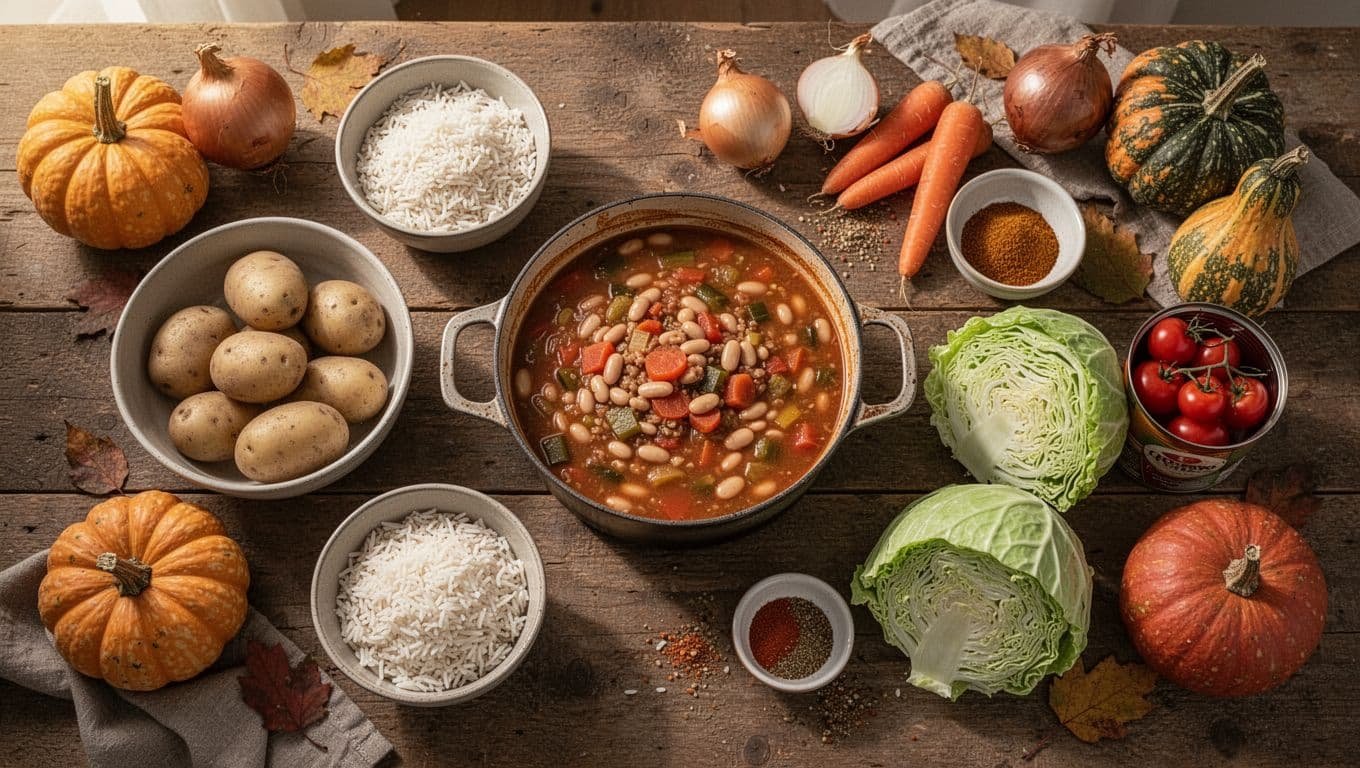 Bean stew surrounded by rice, potatoes, onions, carrots, cabbage, tomatoes, and spices.