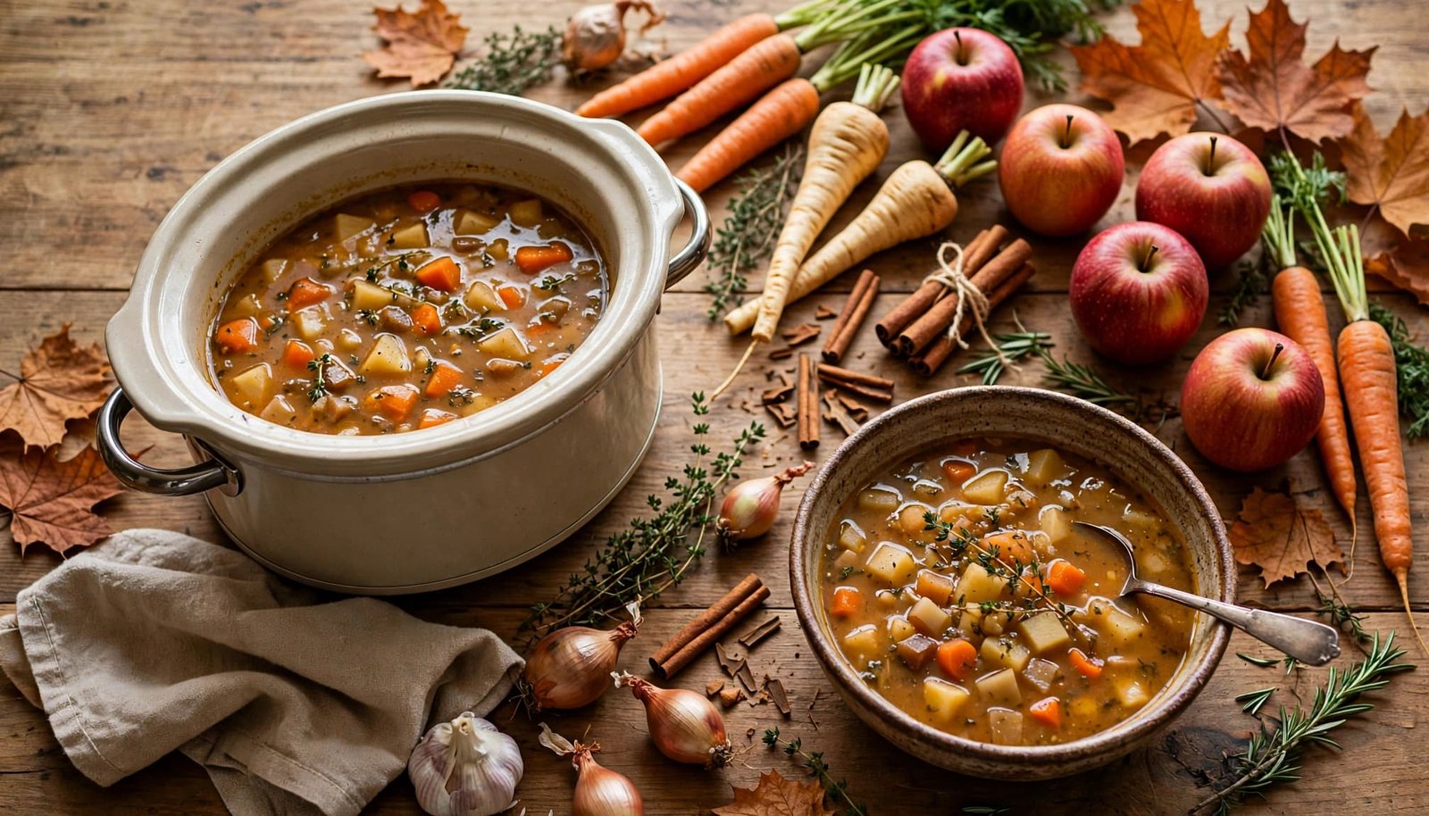 A slow cooker and soup bowl surrounded by apples, cinnamon, and root vegetables.