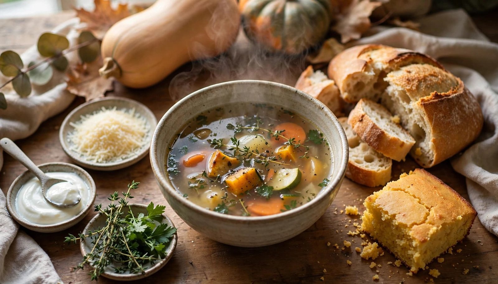 A steaming bowl of fall soup with bread, garnishes, herbs, and squash on a kitchen table.