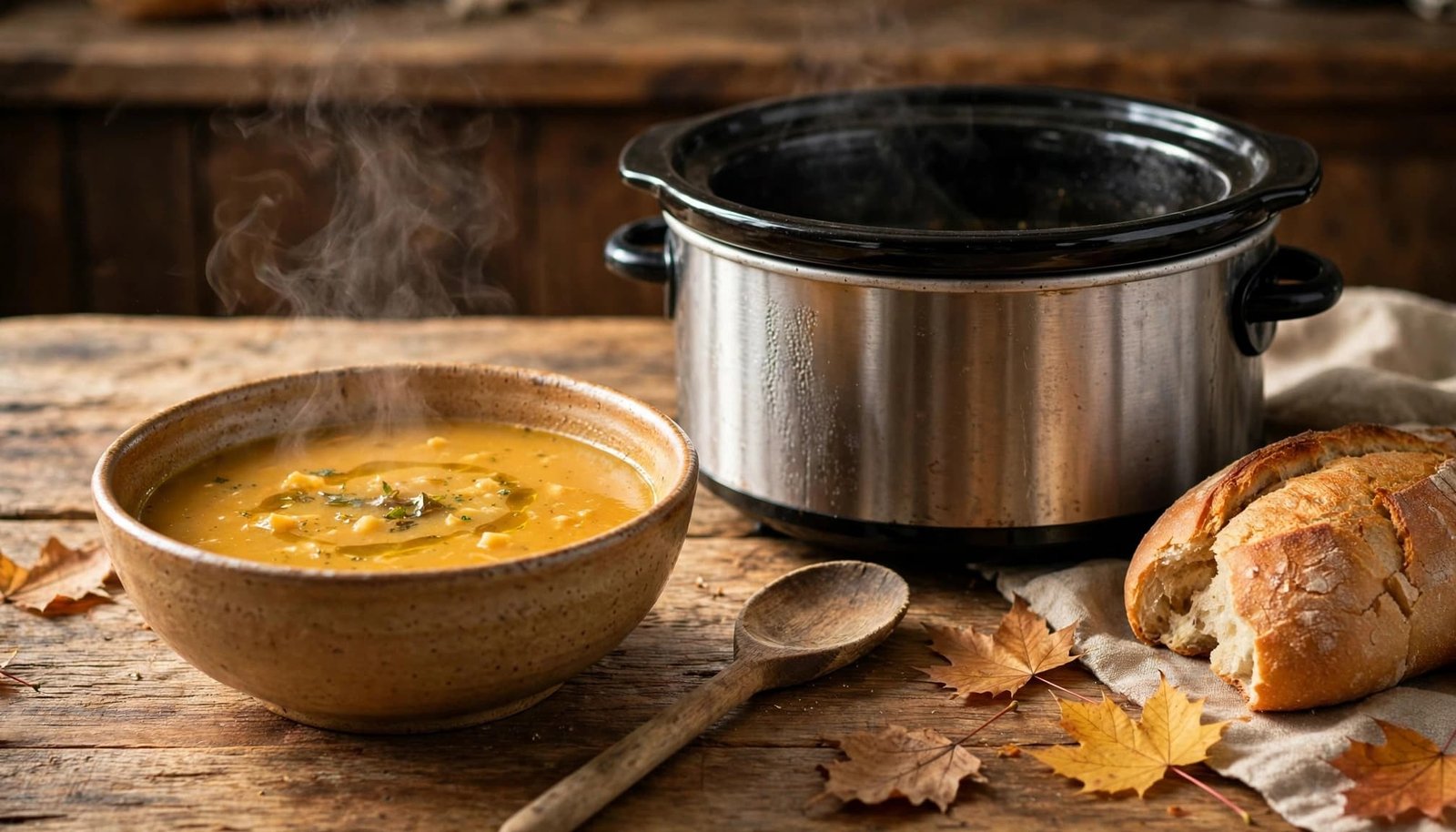 Golden soup beside a slow cooker, bread, wooden spoon, and autumn leaves.
