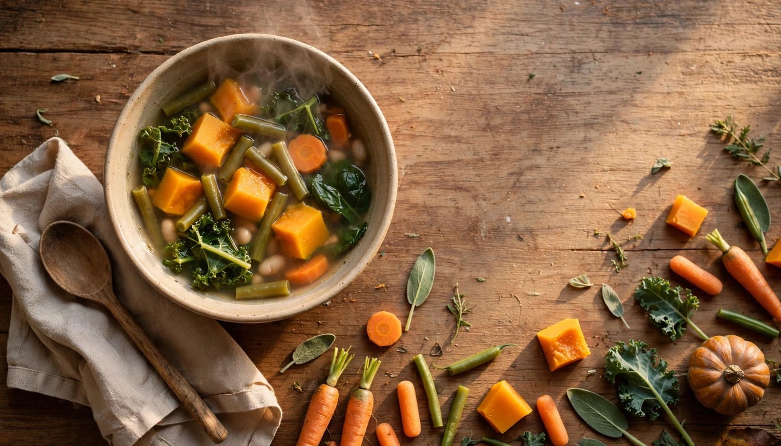 A steaming bowl of vegetable soup with a napkin, spoon, and autumn vegetables.