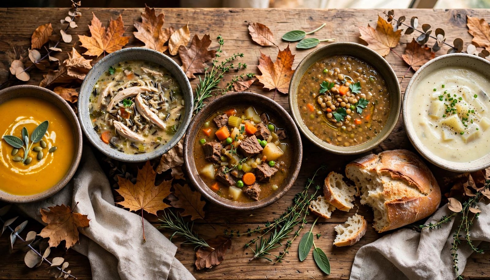 Five bowls of soups and stews arranged on a rustic wooden table with bread and autumn leaves.