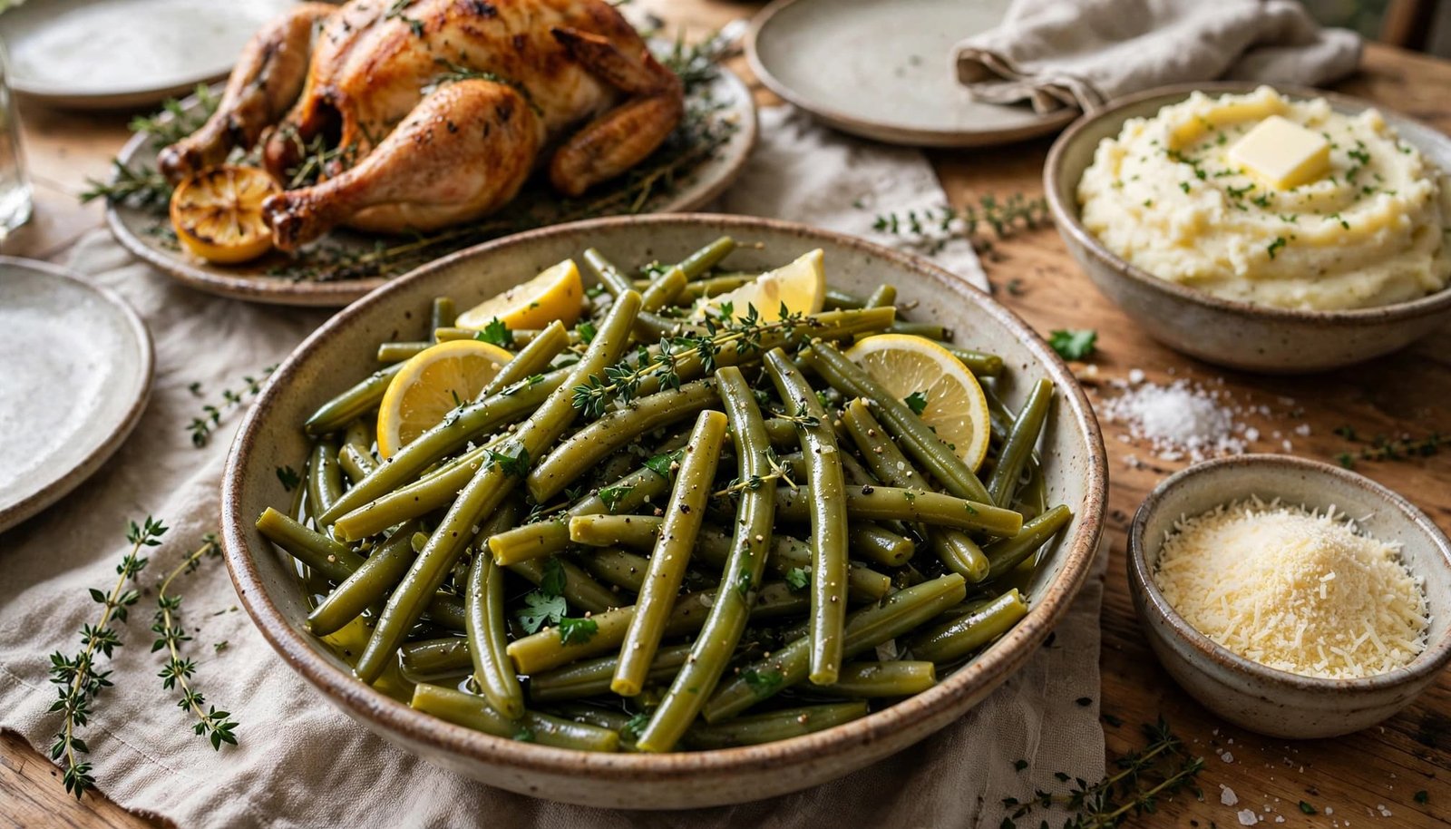 Herbed green beans with lemon wedges beside roast chicken and mashed potatoes.