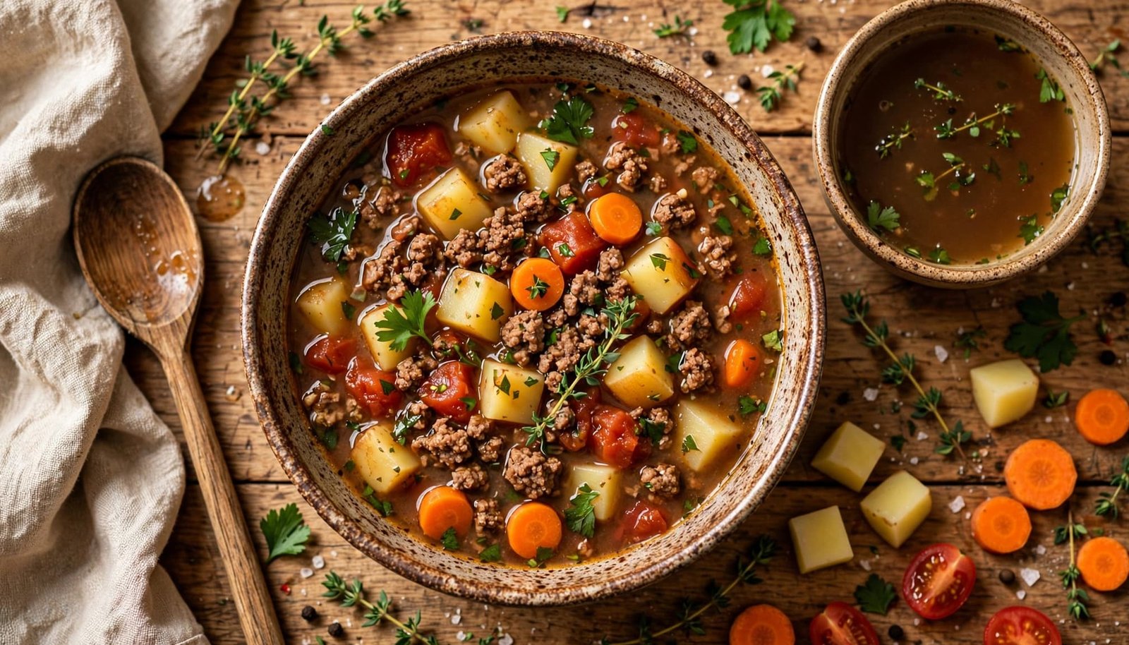 Rustic bowl of beef soup with vegetables, herbs, a wooden spoon, and broth nearby.
