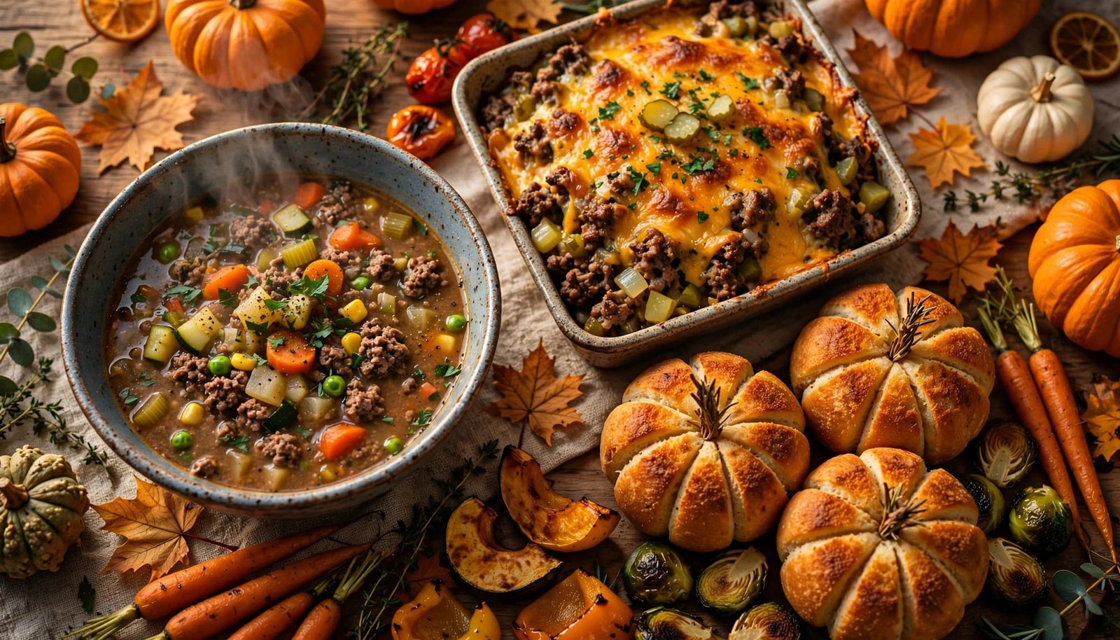 A Halloween dinner with hamburger soup, casserole, pumpkin toast, vegetables, and autumn decorations.