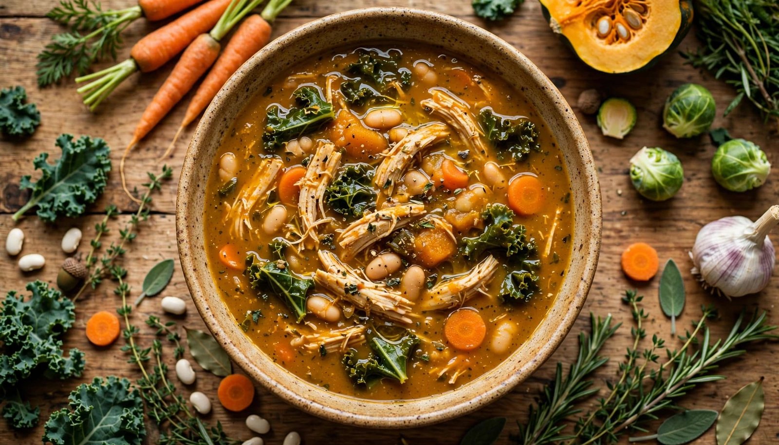 A bowl of chicken, bean, kale, and carrot soup on a wooden table.