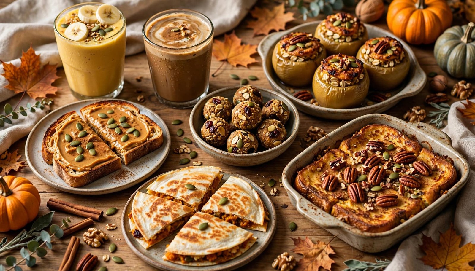 Seven pumpkin breakfast dishes arranged on a wooden table in warm autumn light.