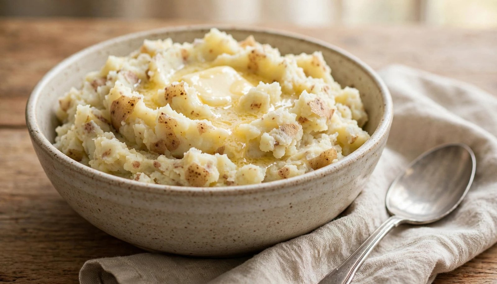 Rustic mashed potatoes with butter in a bowl beside a linen napkin and spoon.
