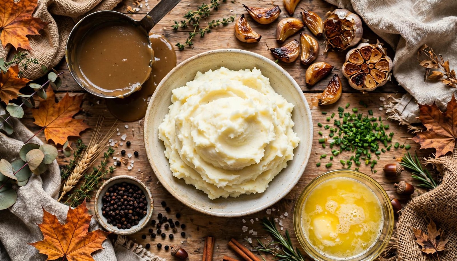 Mashed potatoes in a bowl with gravy, chives, garlic, pepper, and butter.