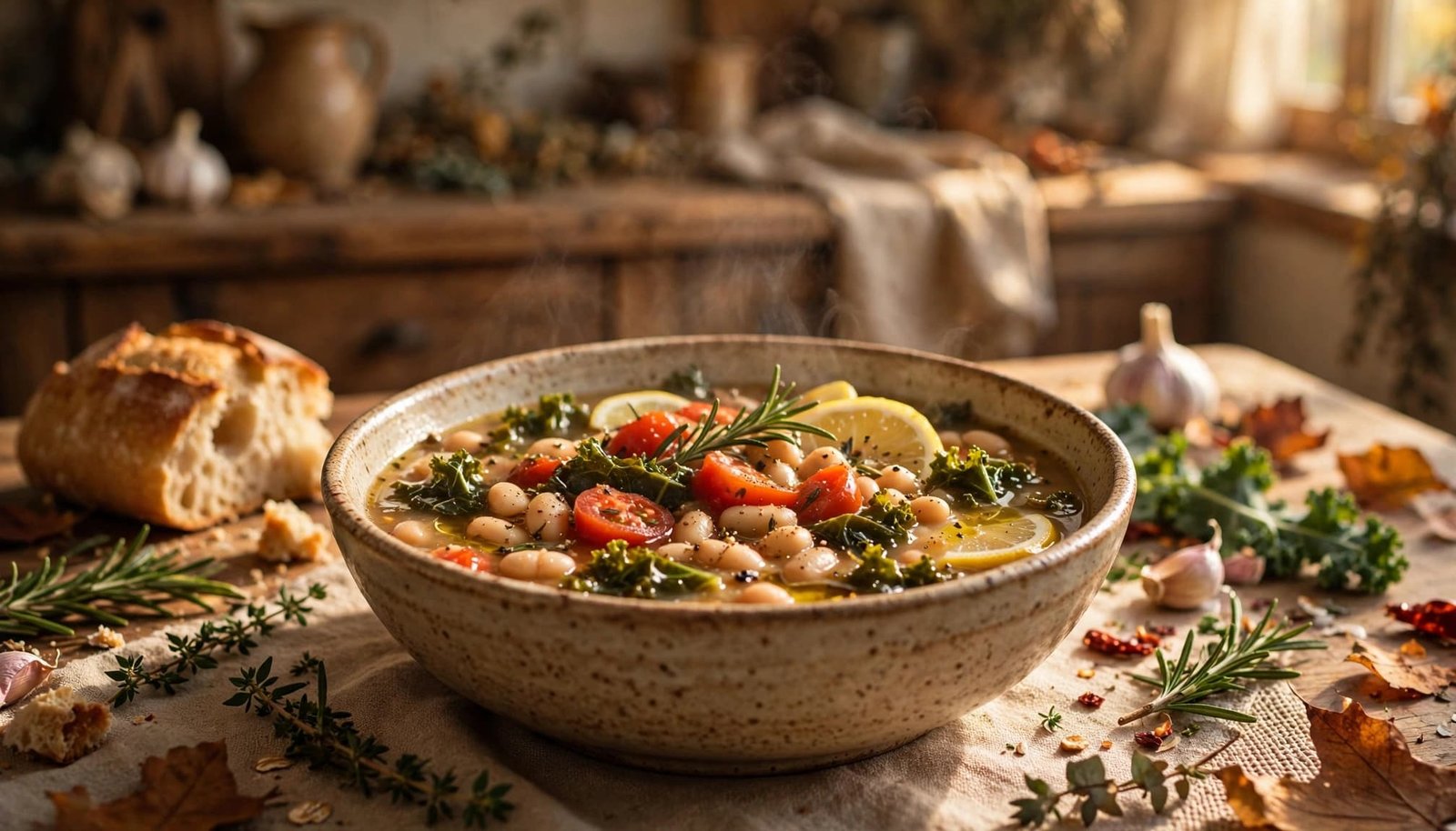 White bean and kale soup with tomatoes in a rustic bowl beside crusty bread.