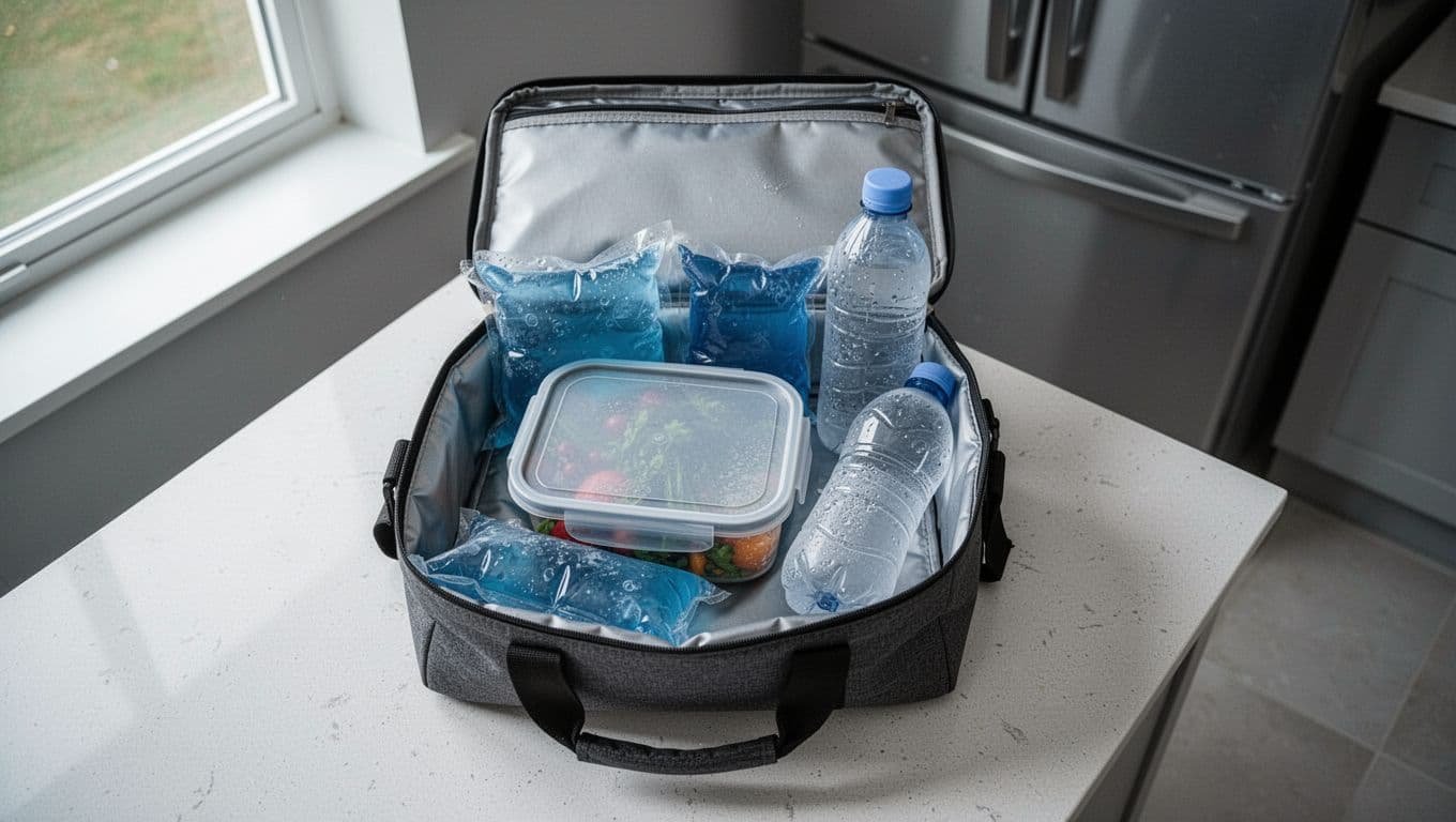 Open lunch bag with a meal container, two gel packs, and a frozen water bottle.