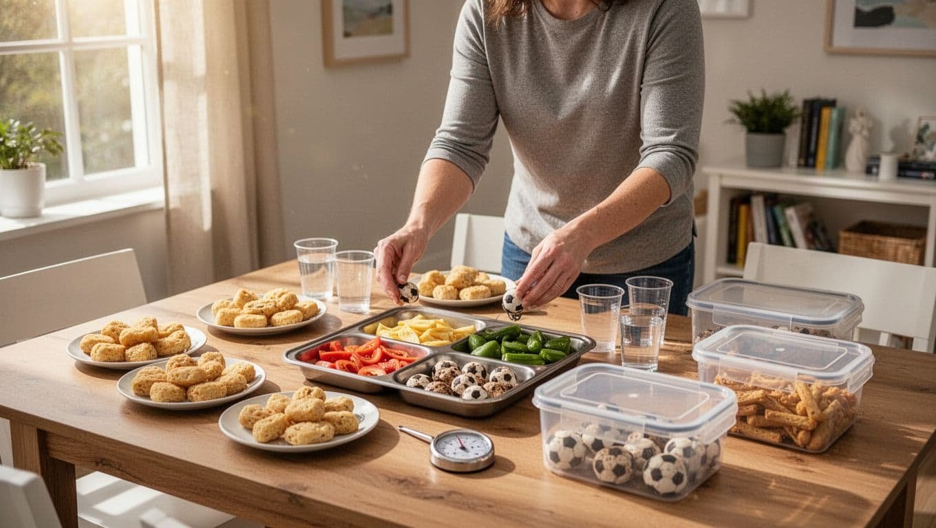 An adult prepares kid-friendly football snacks with trays, water cups, covered containers, and a food thermometer.