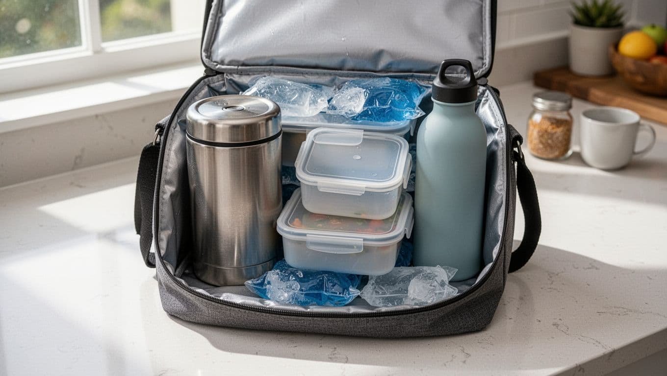 An insulated lunch bag packed with containers, ice packs, soup, and a reusable water bottle.