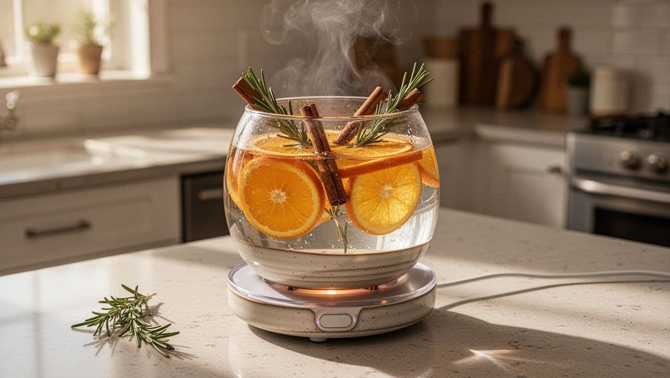 A ceramic vessel with citrus and herbs rests on a candle warmer.