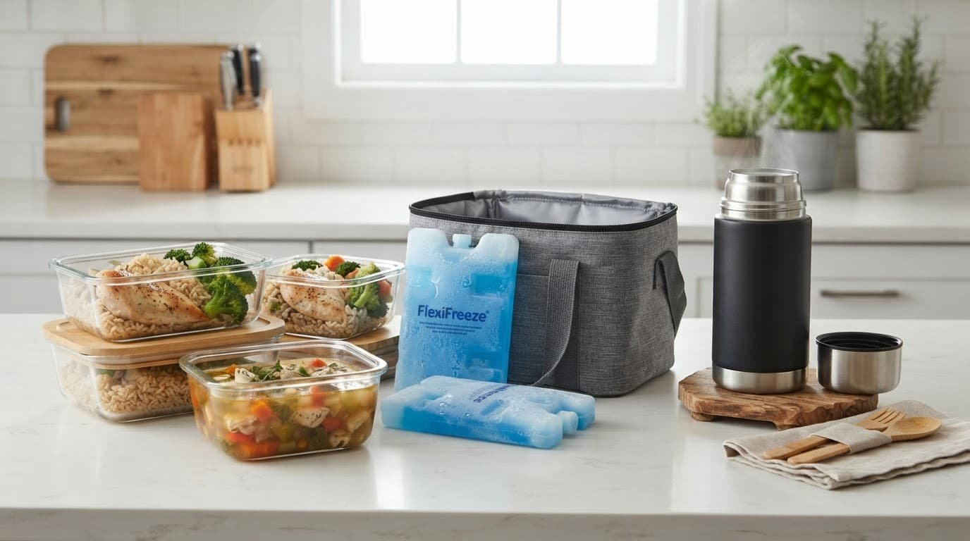 Meal containers, gel packs, an insulated bag, and a thermos on a kitchen counter.