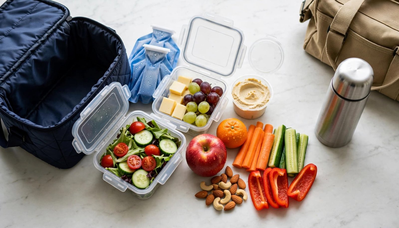 Packed lunch items sit beside an insulated bag, with a separate thermos on a kitchen counter.
