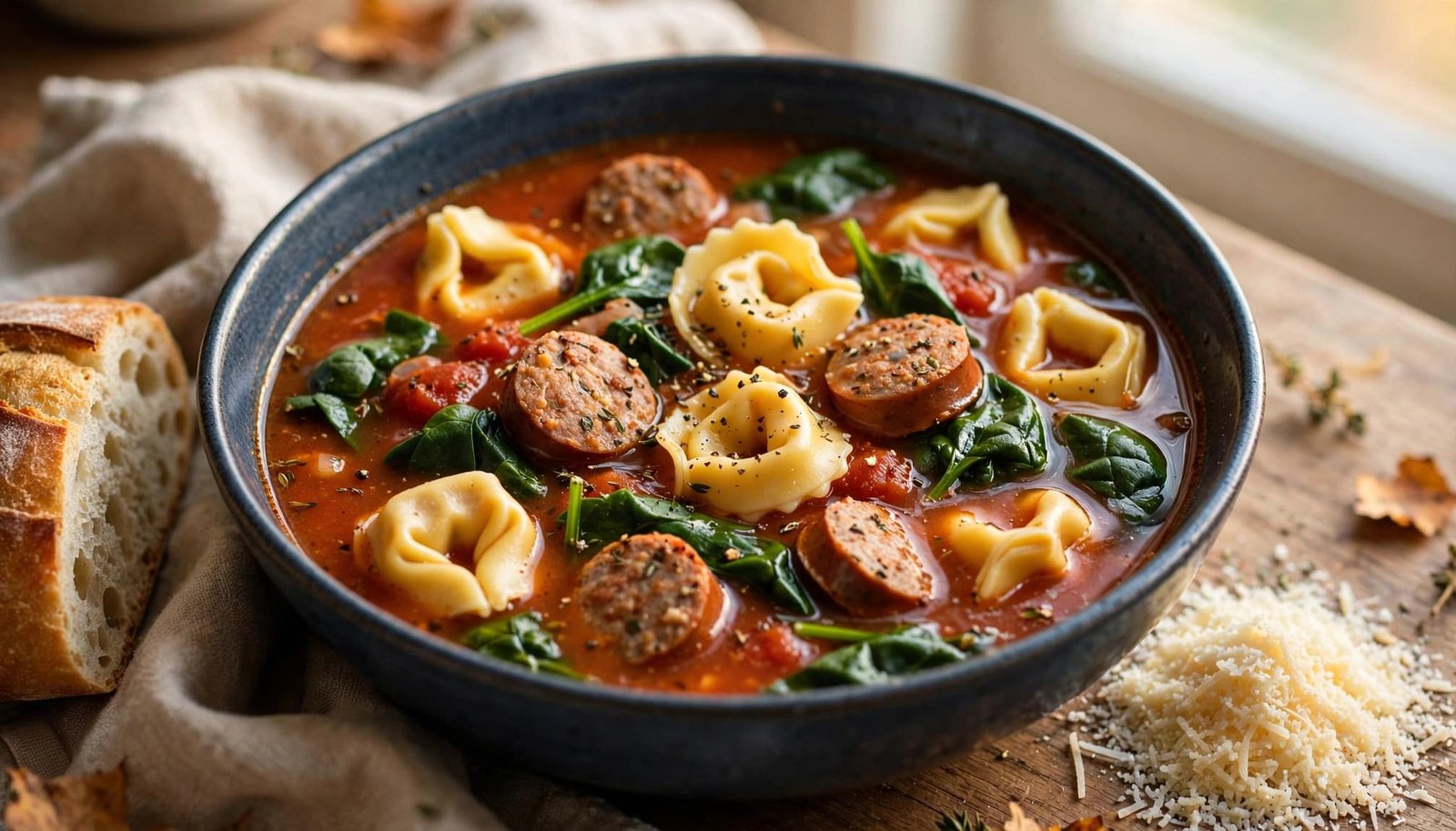 A bowl of sausage tortellini soup with spinach, bread, and grated cheese.