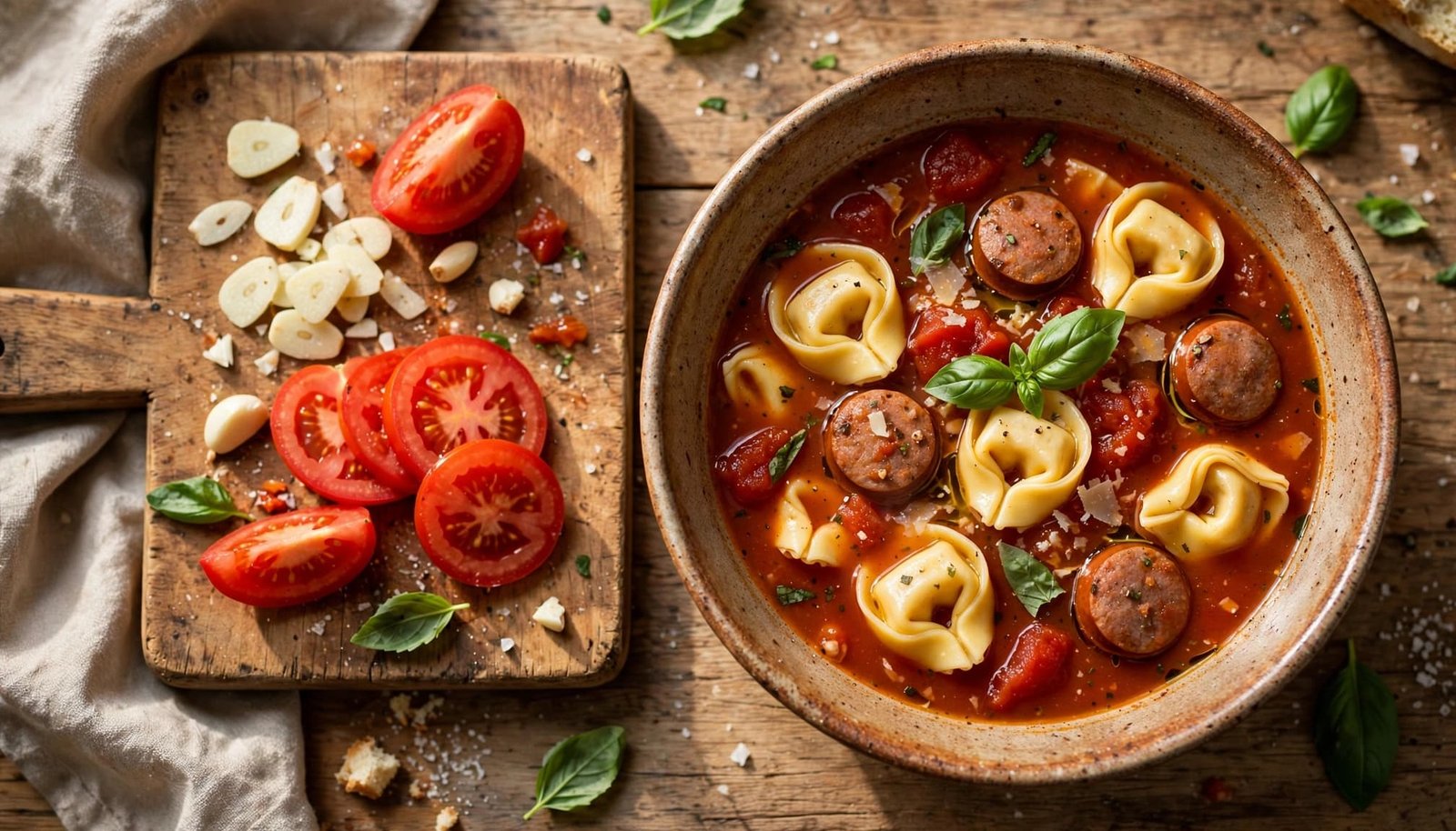 A bowl of sausage tortellini soup beside sliced garlic and tomatoes.