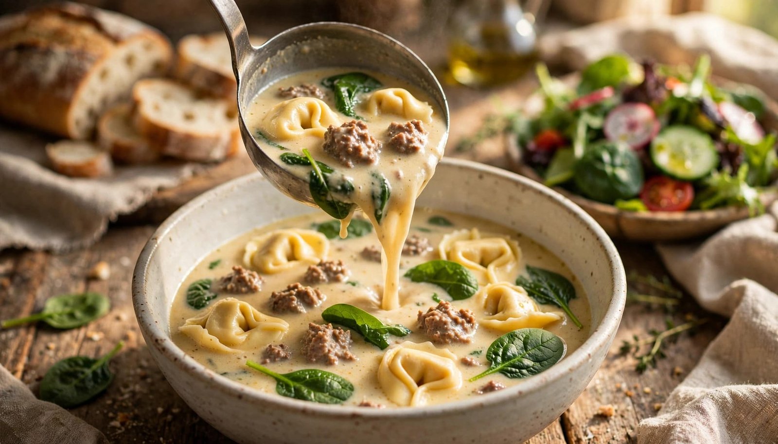 Ladle serving creamy tortellini soup with bread and salad in the background.