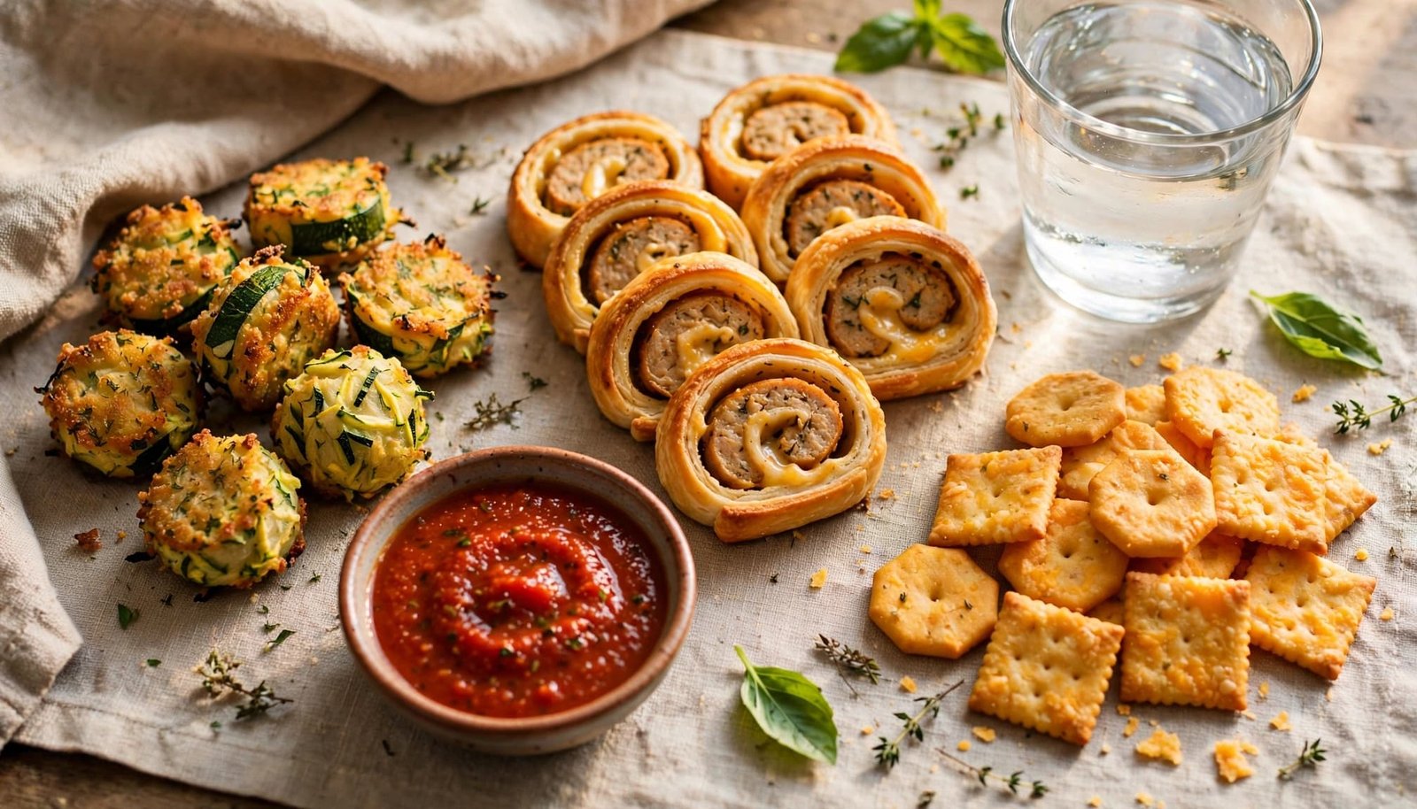 Small portions of zucchini bites, sausage pinwheels, and cheddar crackers sit beside marinara and water.