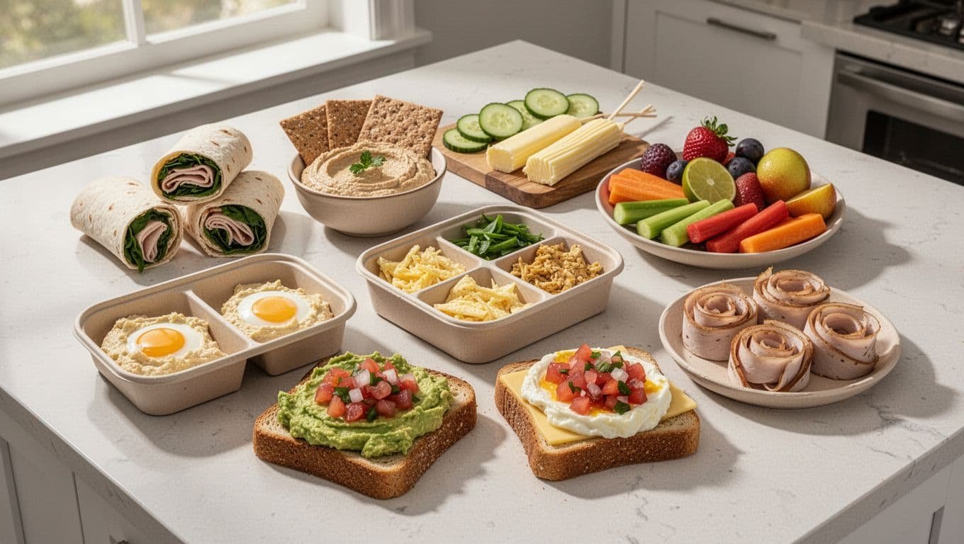 Seven savory snacks arranged on a bright kitchen counter.
