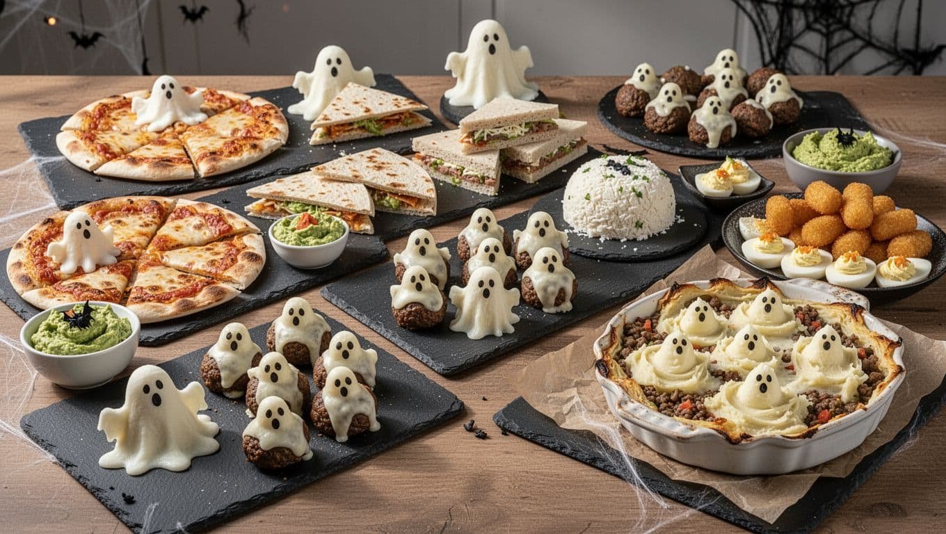 A Halloween buffet displays savory ghost-shaped snacks on dark platters and parchment-lined trays.