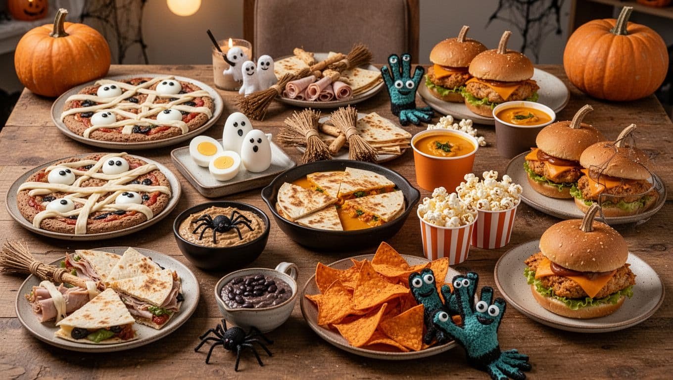 Halloween table with pizzas, quesadillas, soup, sliders, and spooky snacks.