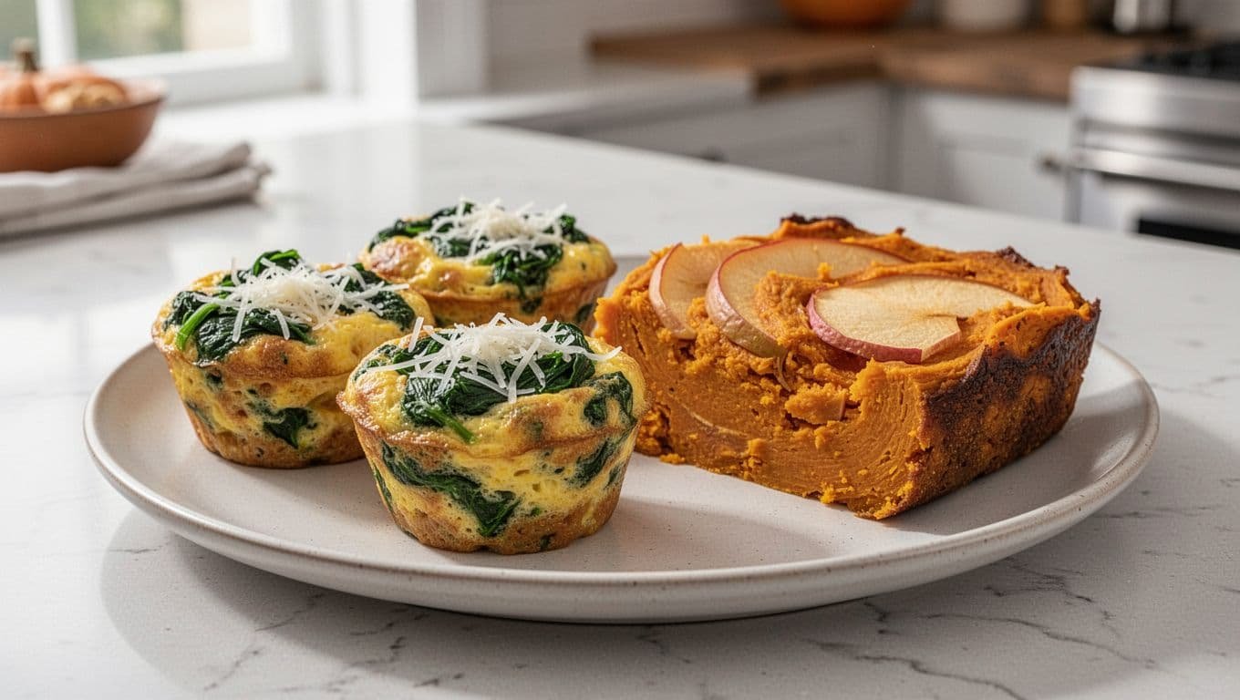 Savory pumpkin egg cups and a pumpkin apple sweet potato bake on a plate.