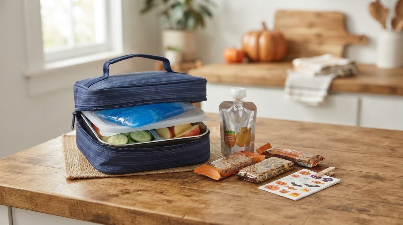 A lunch bag beside packaged Halloween snacks, an ice pack, fruit pouch, and stickers.