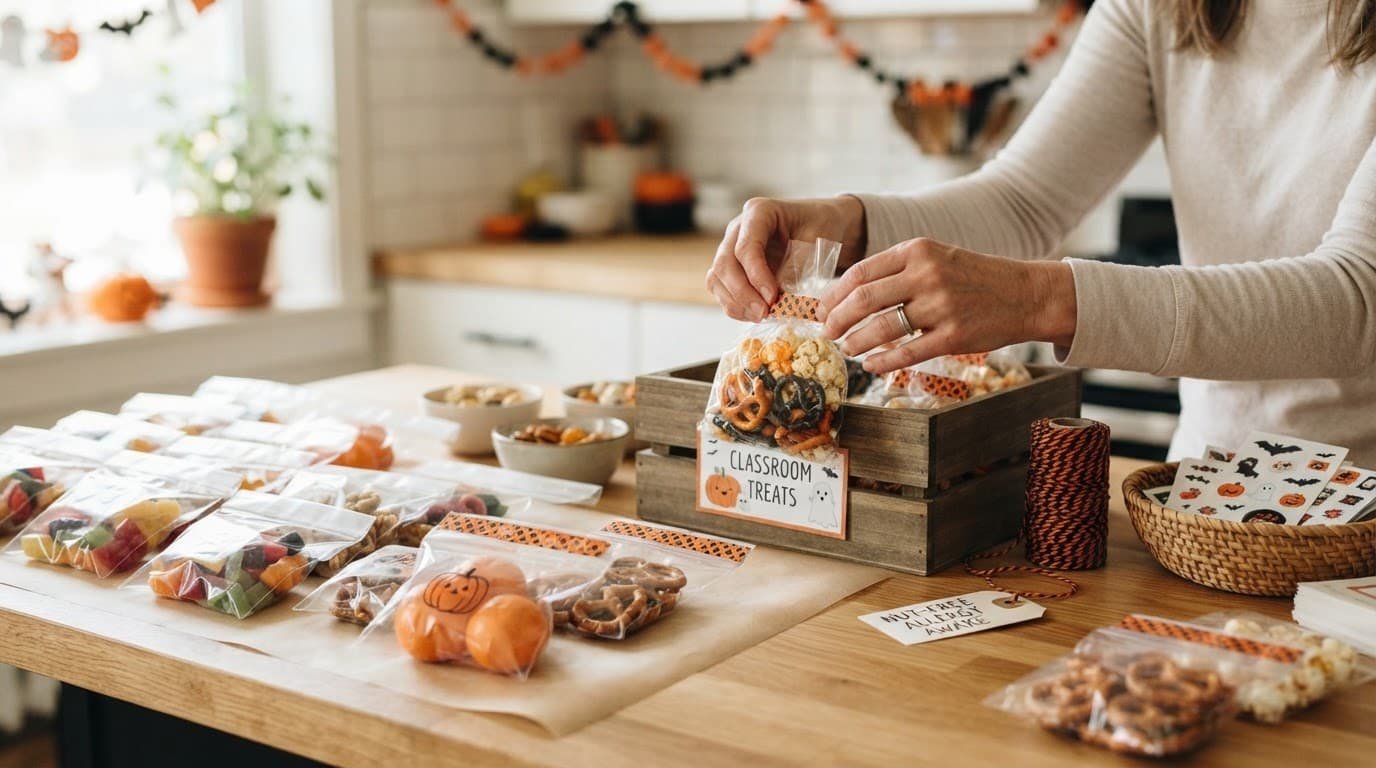 Adult hands arrange sealed Halloween treat bags and snack portions on a clean counter.