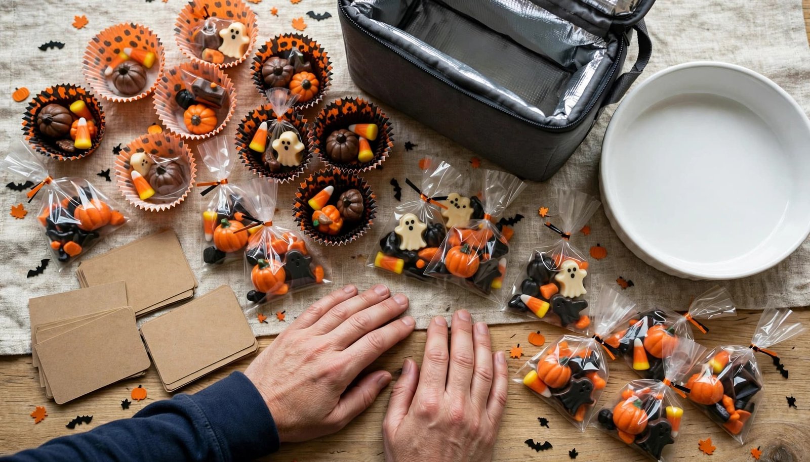 Sealed Halloween treats sit beside ingredient cards, a clean dish, and an insulated lunch bag.