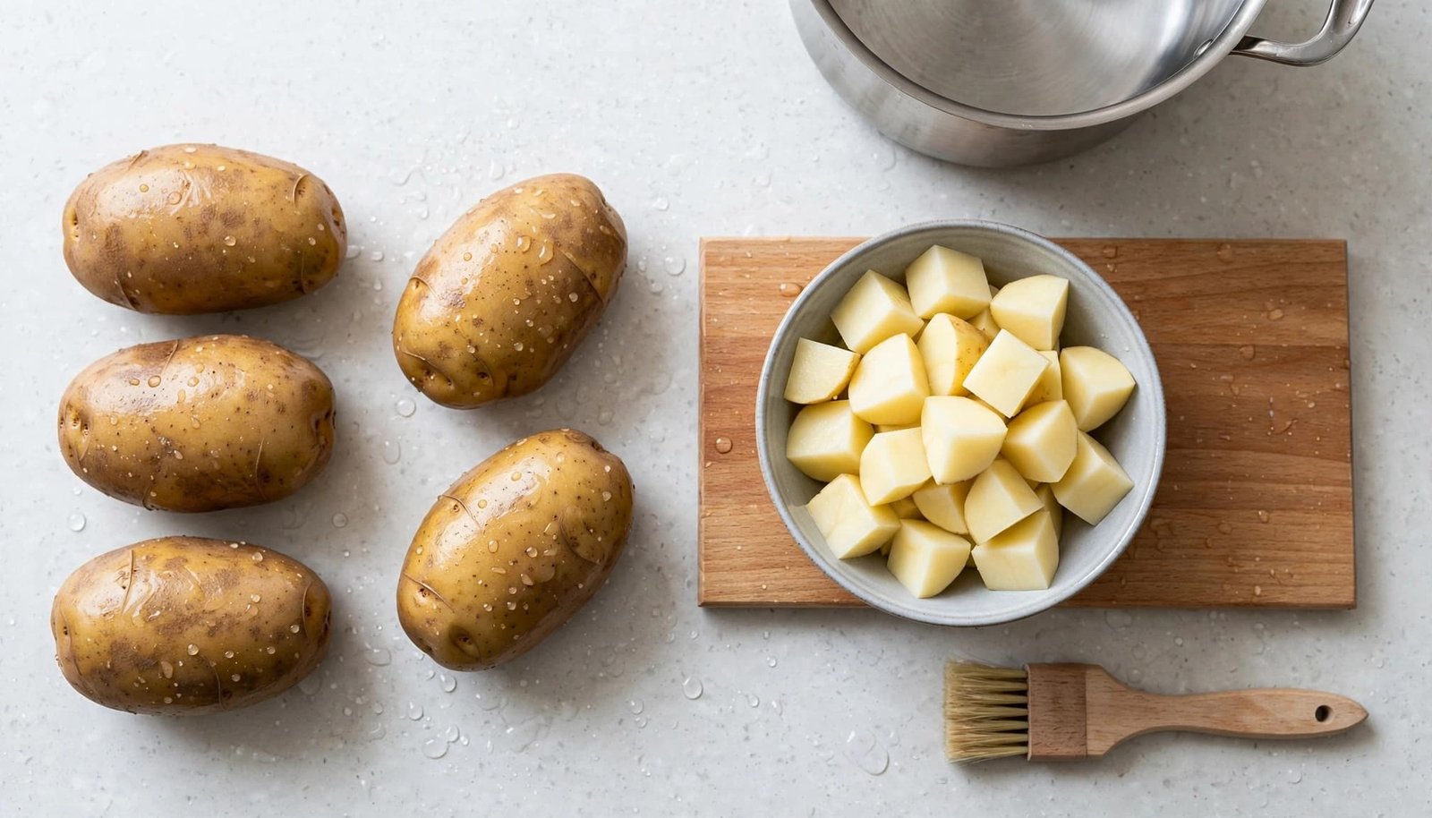 Scrubbed potatoes, cut chunks, a bowl, and a vegetable brush on a kitchen counter.