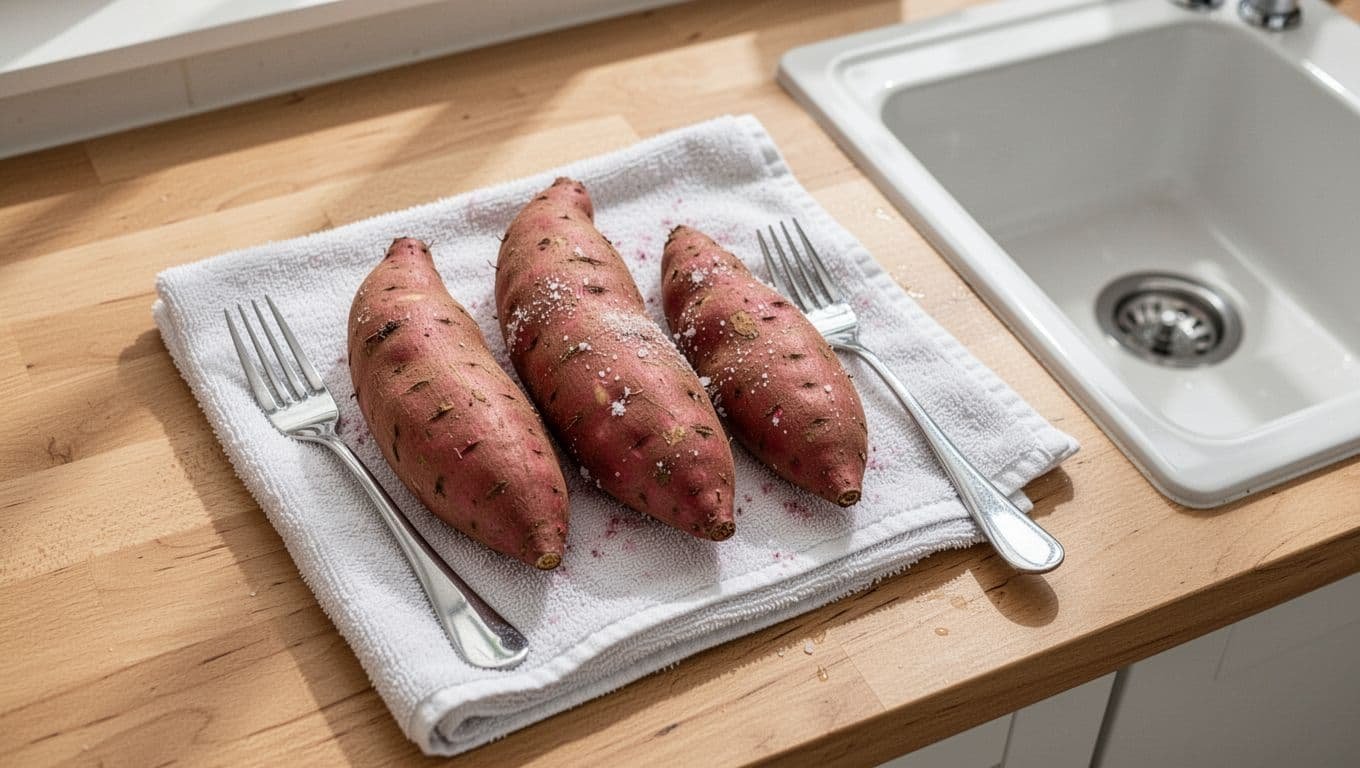 Three whole sweet potatoes, a fork, and a folded towel beside a kitchen sink.