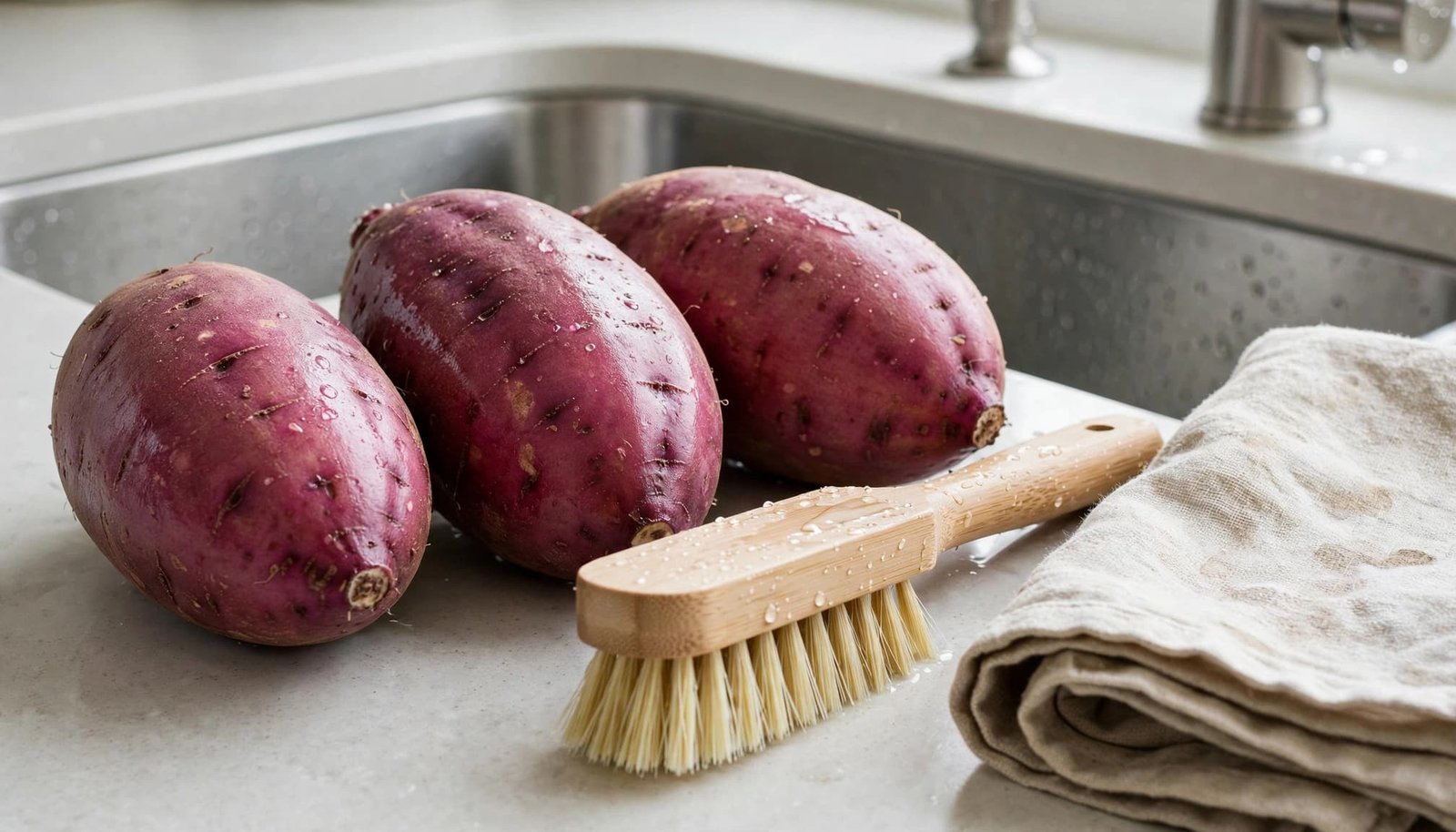 Three purple-red sweet potatoes beside a vegetable brush and folded towel by the kitchen sink.
