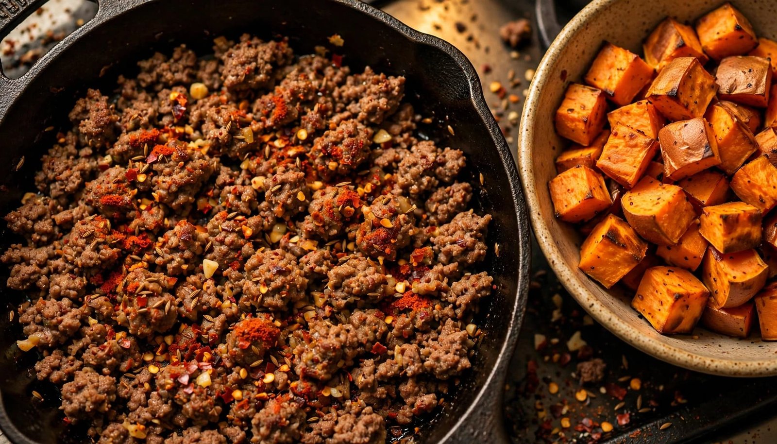 Seasoned ground beef in a skillet beside a bowl of roasted sweet potato cubes.