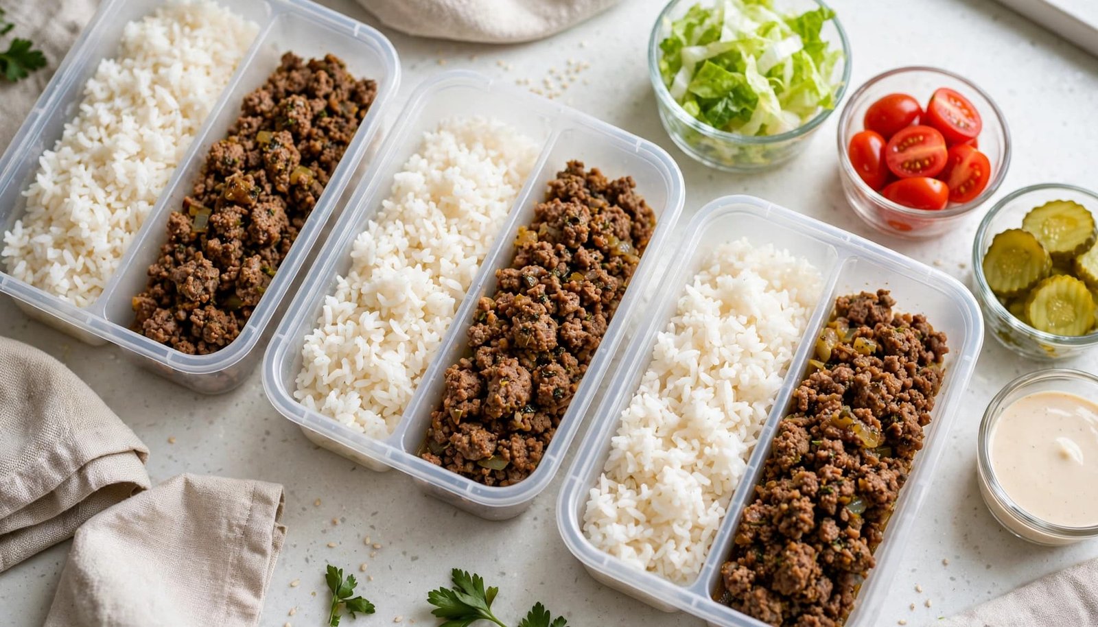 Three containers hold rice and burger meat beside small containers of vegetables and sauce.