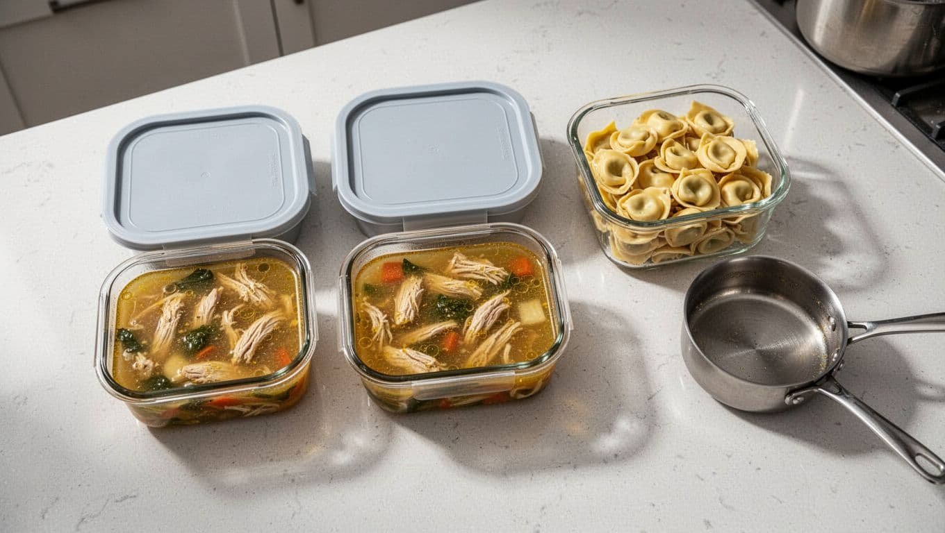 Glass containers hold soup base and tortellini beside a small saucepan.