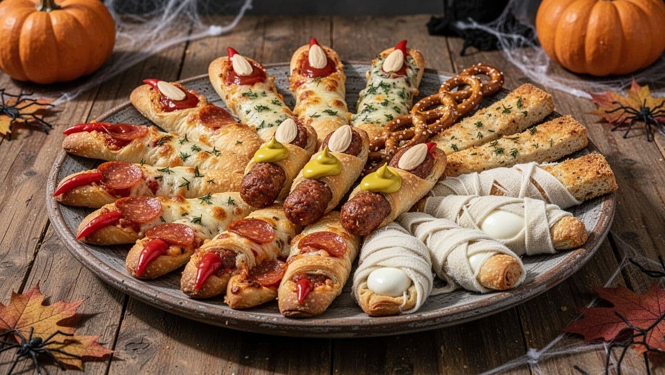A Halloween platter holds seven kinds of savory witch finger appetizers.