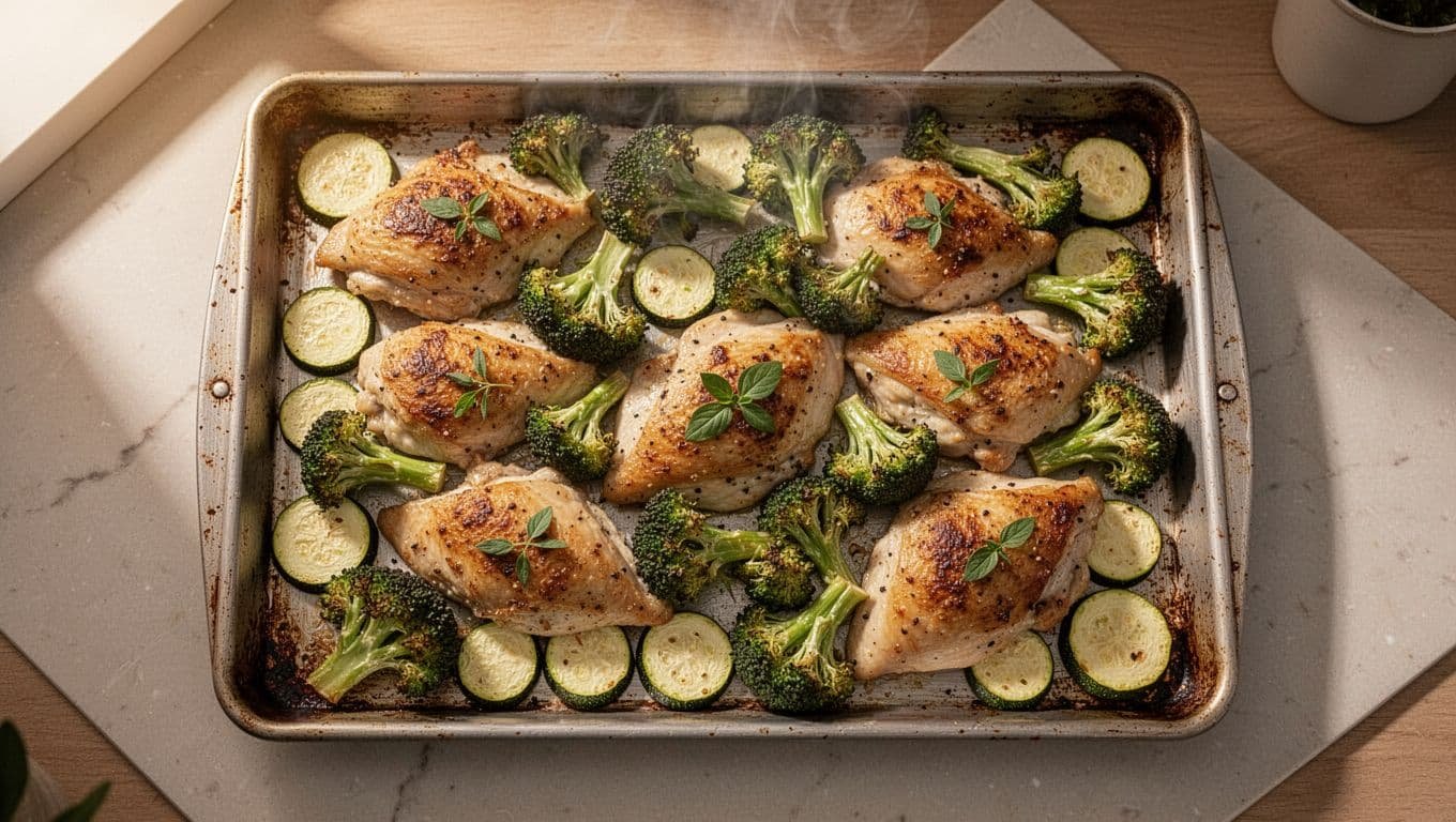 Roasted chicken, broccoli, and zucchini fill a sheet pan on a kitchen counter.