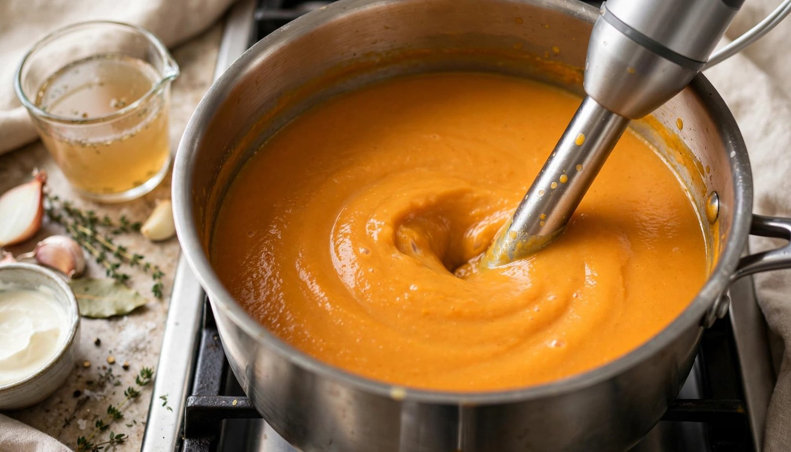 Immersion blender smoothing pumpkin soup in a deep pot on a kitchen stovetop.