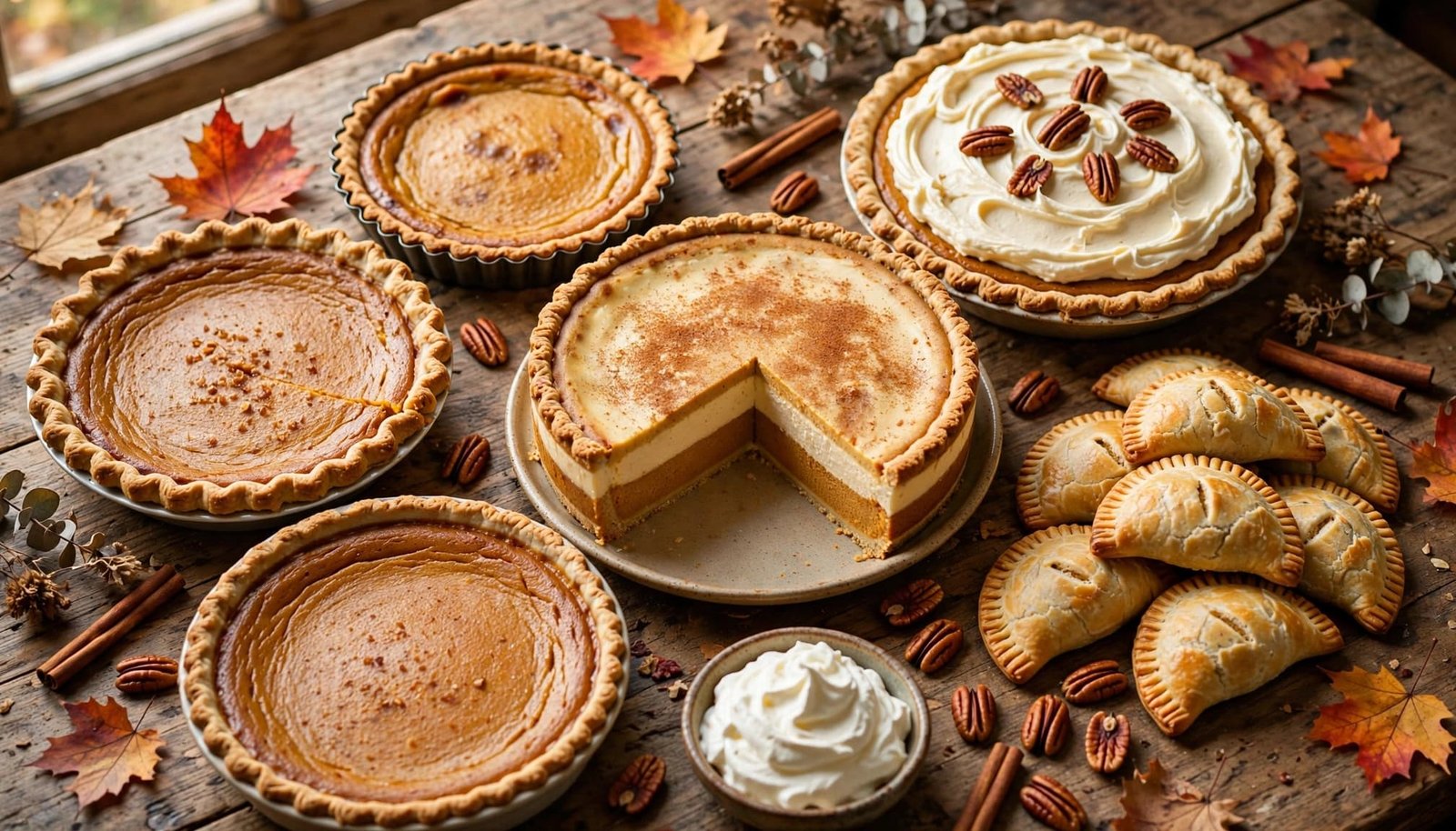 Six pumpkin desserts arranged with whipped cream, pecans, cinnamon, and autumn leaves.