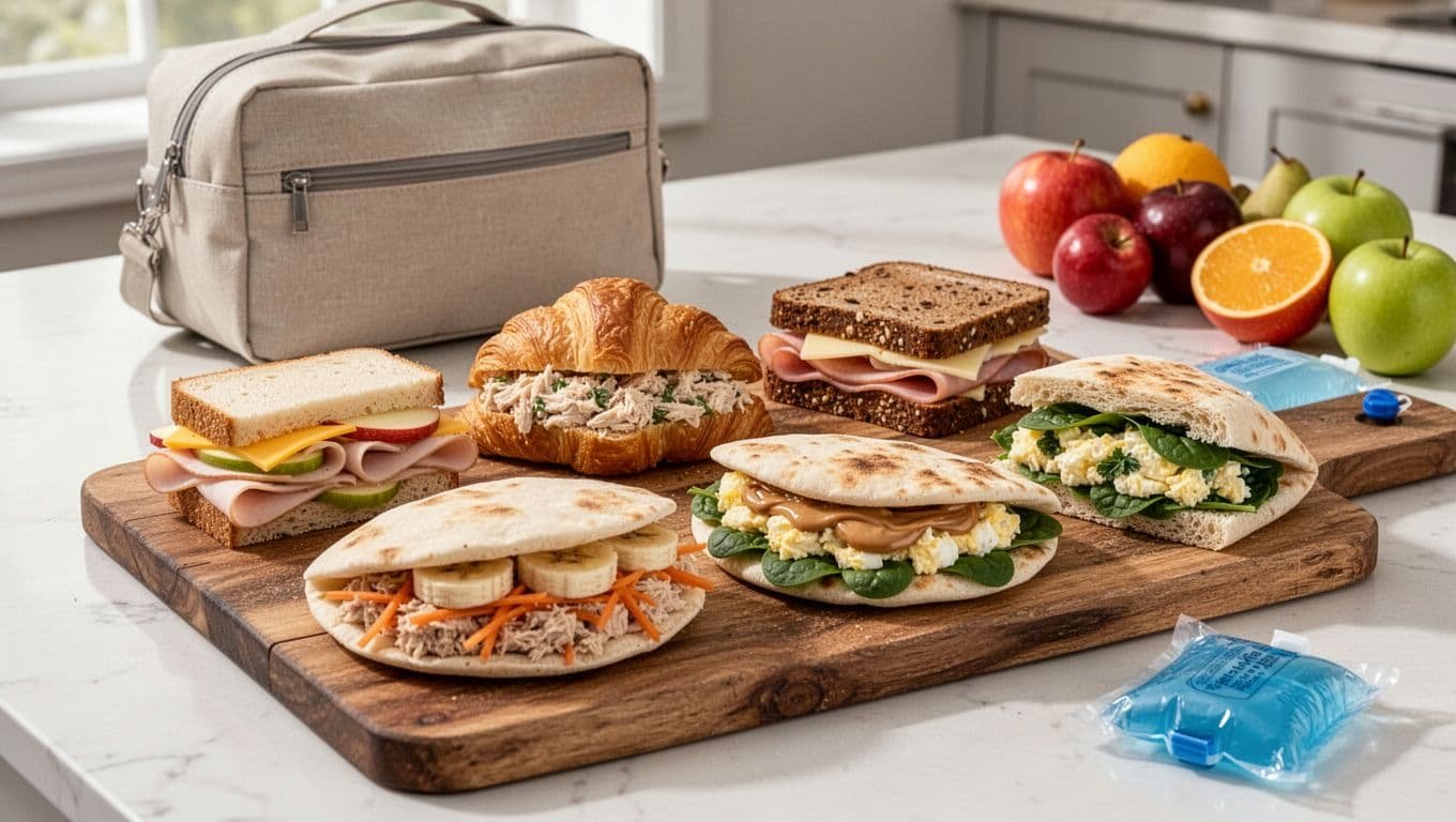 Six different sandwiches arranged on a wooden board beside fruit and a reusable lunch bag.
